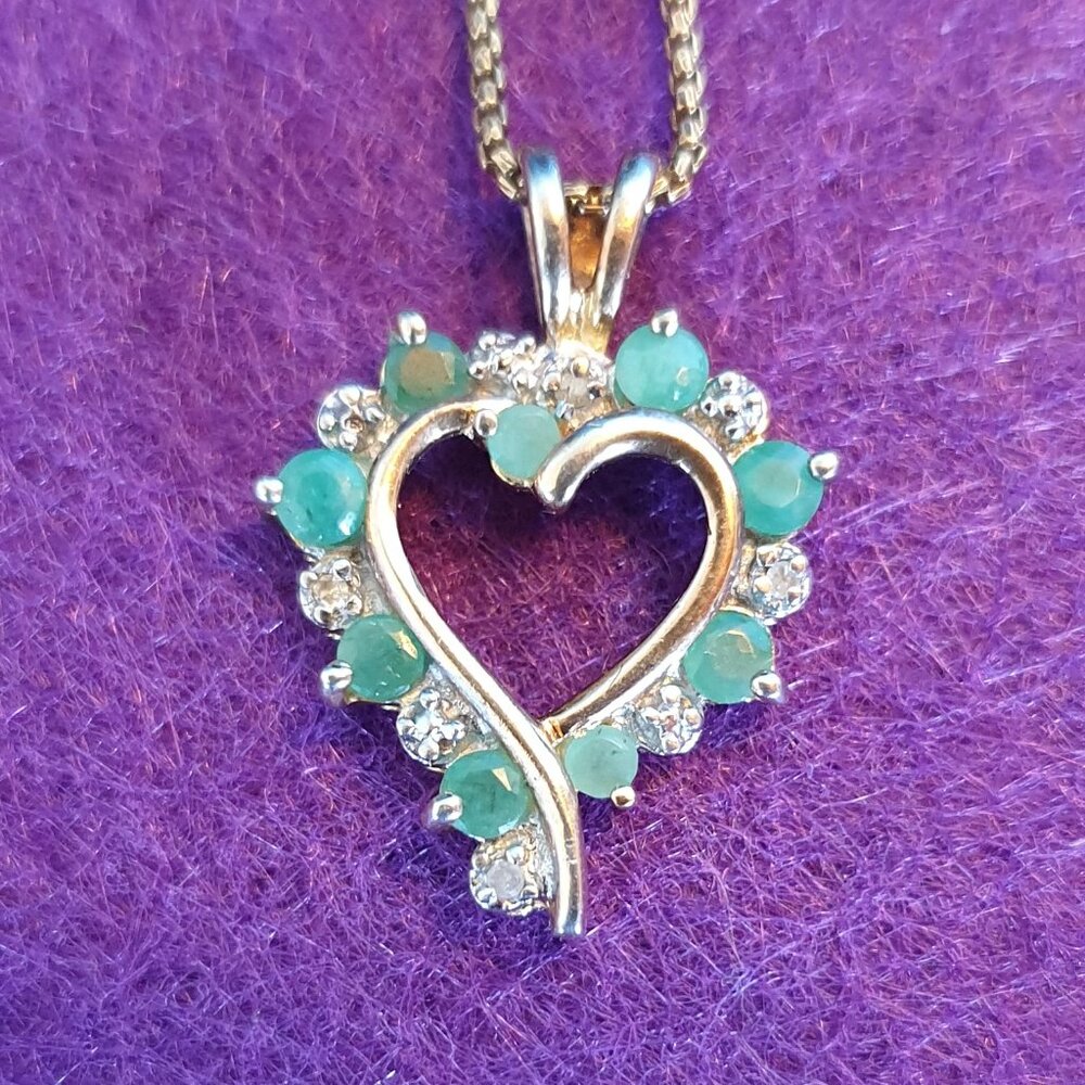 Vintage Natural Emerald & Diamond 10k Gold Plated 925 Silver Heart Necklace
